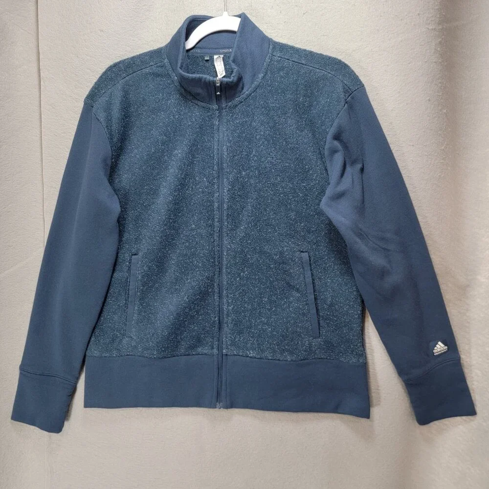 Adidas Fleece Jacket Womens M Blue Golf Full Zip Casual Sporty‎ Logo Long Sleeve